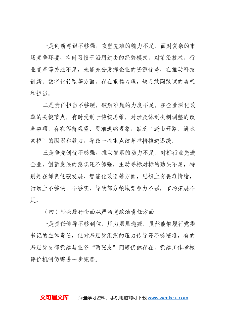 国企党委书记2024年度民主生活会对照检查材料（四个带头）.docx，第3页预览