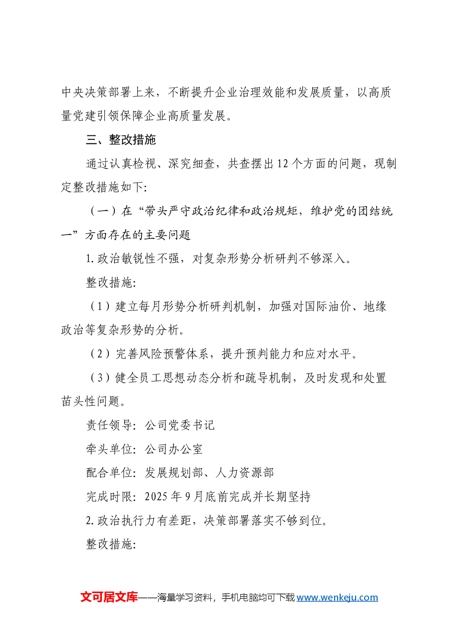 XX公司领导班子2024年度民主生活会整改落实方案(四个带头).docx,第2页预览