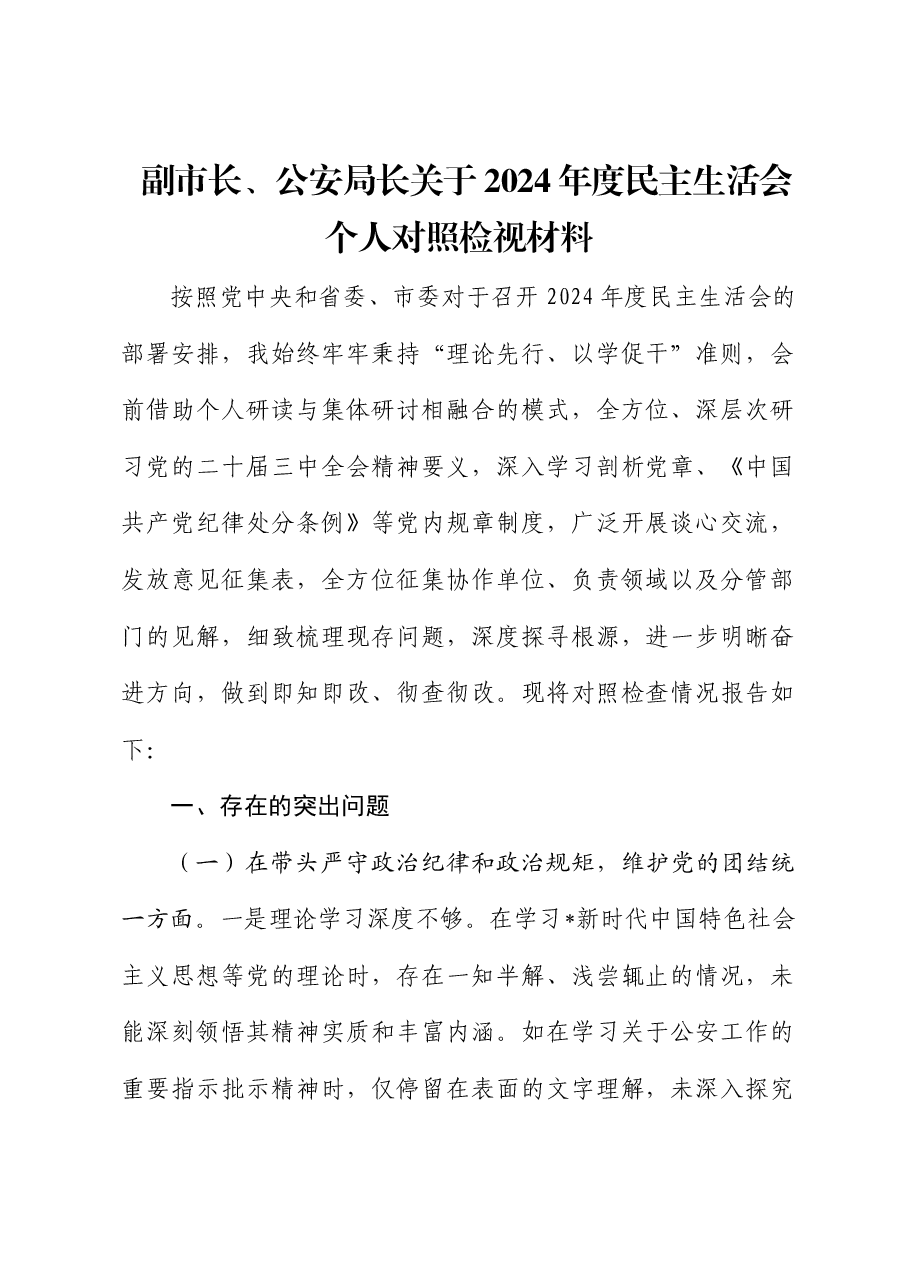 副市长、公安局长2024年度民主生活会个人对照检查.docx,第1页预览