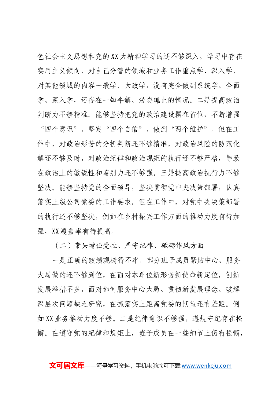 XX分公司党委2024年度民主生活会班子对照检查材料(四个带头含典型案例分析).docx,第2页预览