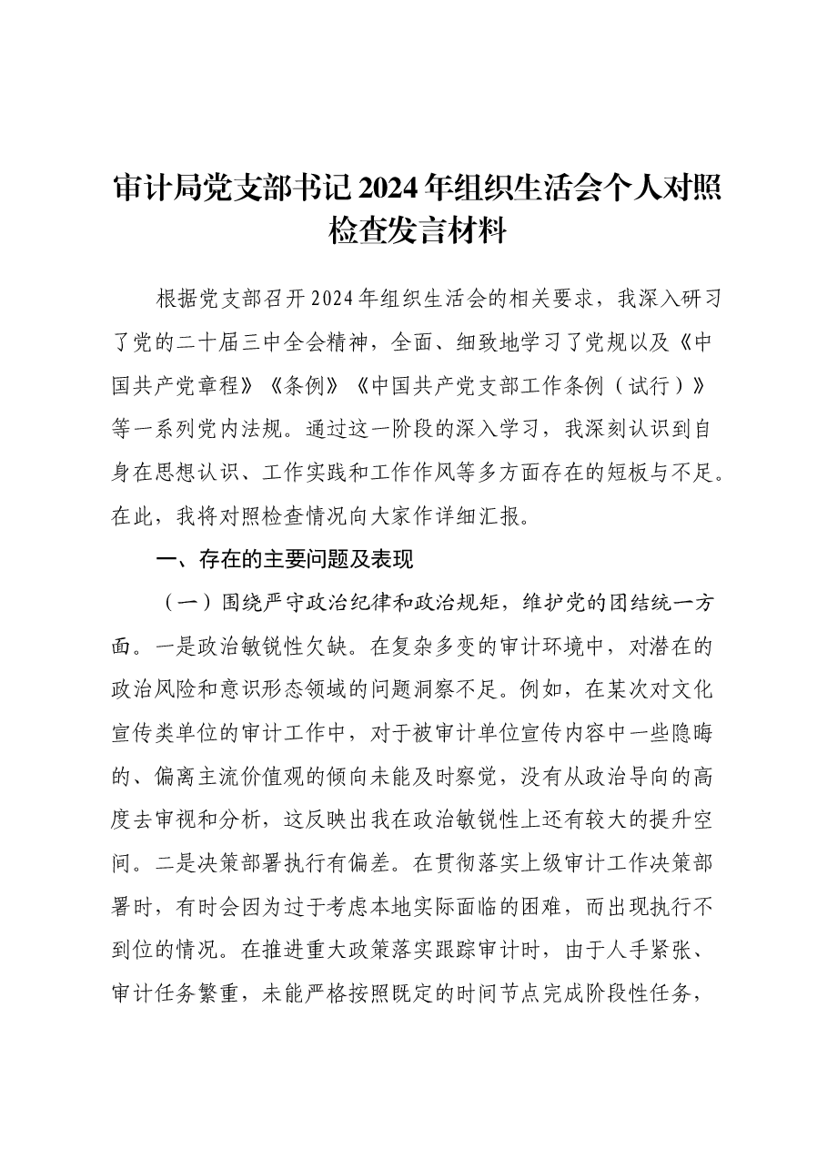 审计局党支部书记2024年组织生活会个人对照检查发言材料(四个带头+意识形态).docx,第1页预览