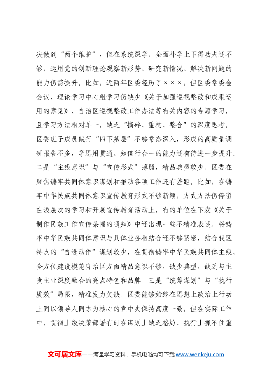 区委常委班子2024年度民主生活会 班子对照检查材料(带案例分析).docx,第2页预览