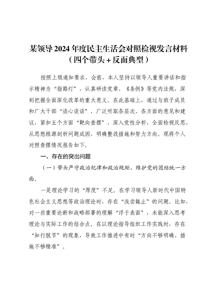 某领导2024年度民主生活会对照检视发言材料.docx,第1页预览