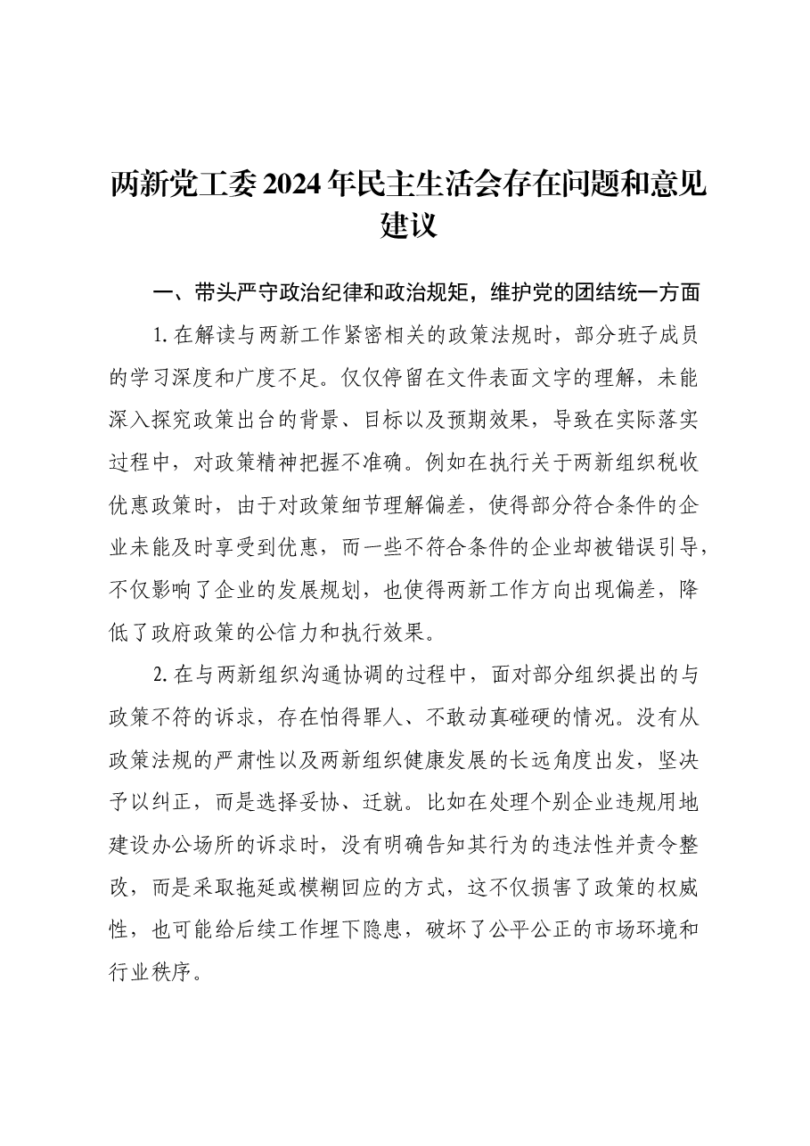 两新党工委2024年民主生活会存在问题和意见建议.docx,第1页预览