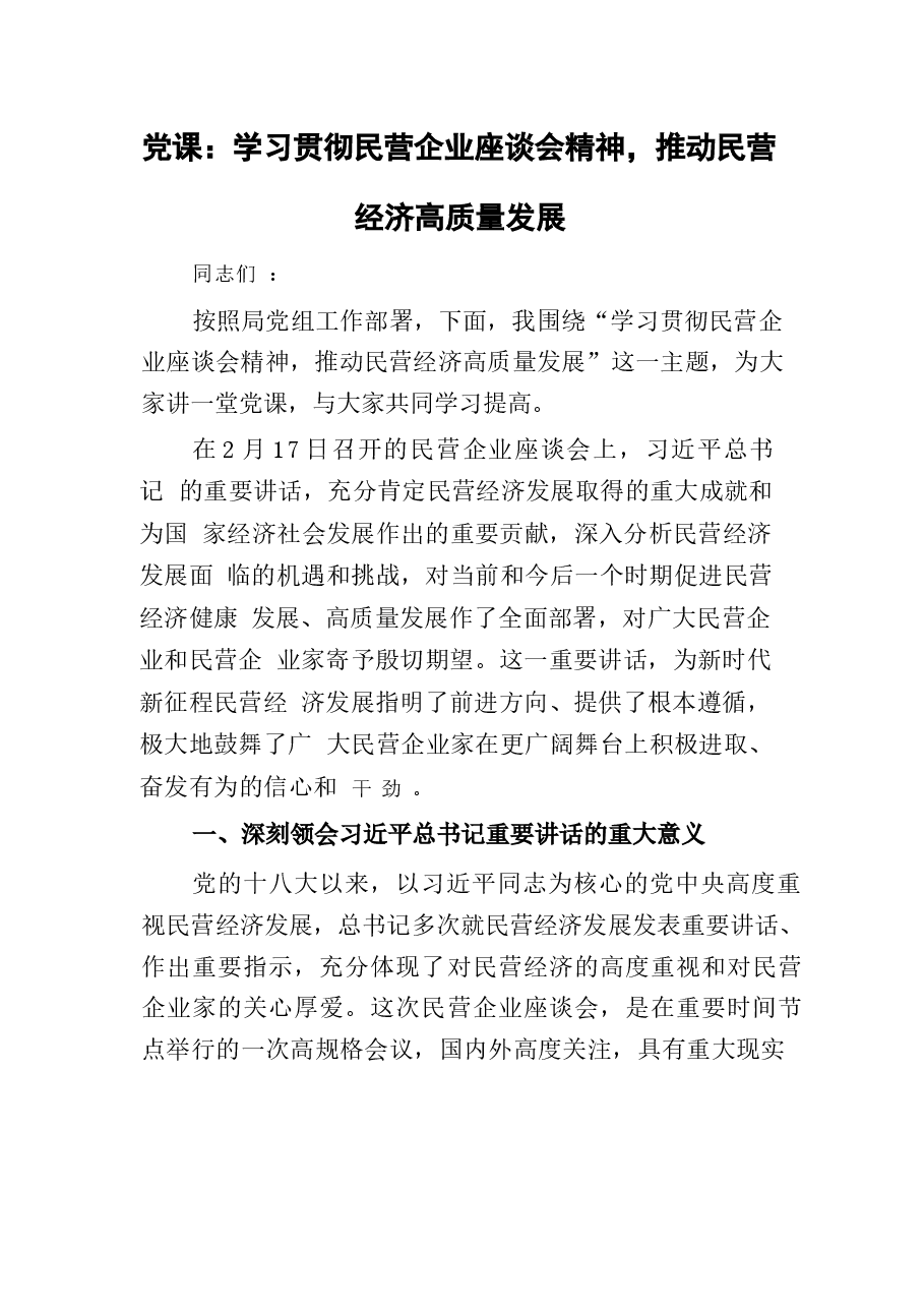 2025党课:学习贯彻习总书记民营企业座谈会精神,推动民营经济高质量发展.docx,第1页预览