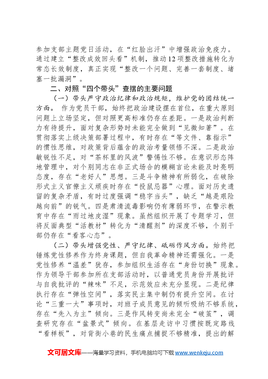 市直部门领导干部2024年度专题民主生活会、组织生活会对照检查材料(四个带头+上一年度查摆问题整改情况).docx,第3页预览