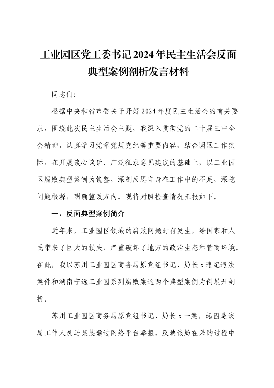 工业园区党工委书记2024年民主生活会反面典型案例对照检查(四个带头+以案促改典型案例).docx,第1页预览