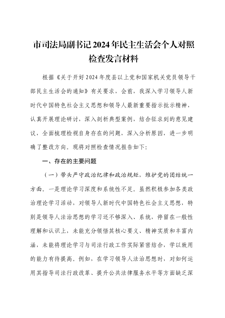 市司法局副书记2024年民主生活会个人对照检查发言材料.docx,第1页预览