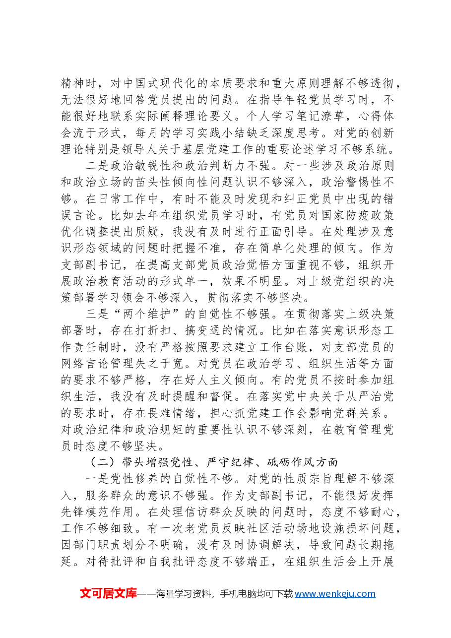 党支部副书记2024年度组织生活会对照检查材料(四个带头).docx,第2页预览