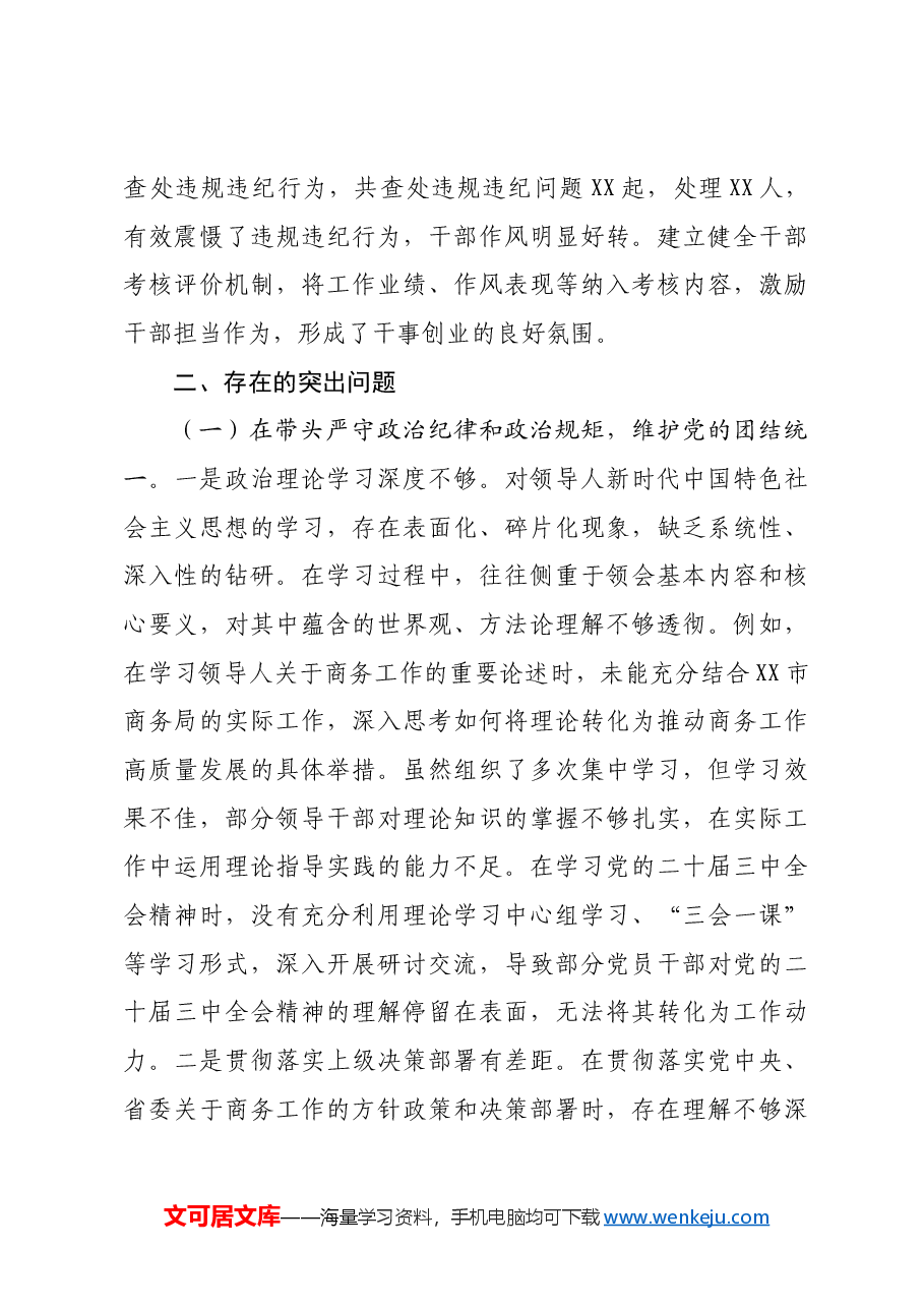 某市商务局党组关于2024年度民主生活会领导班子对照检视剖析材料(9879字)生活会整改 四个带头 典型案例.docx,第3页预览