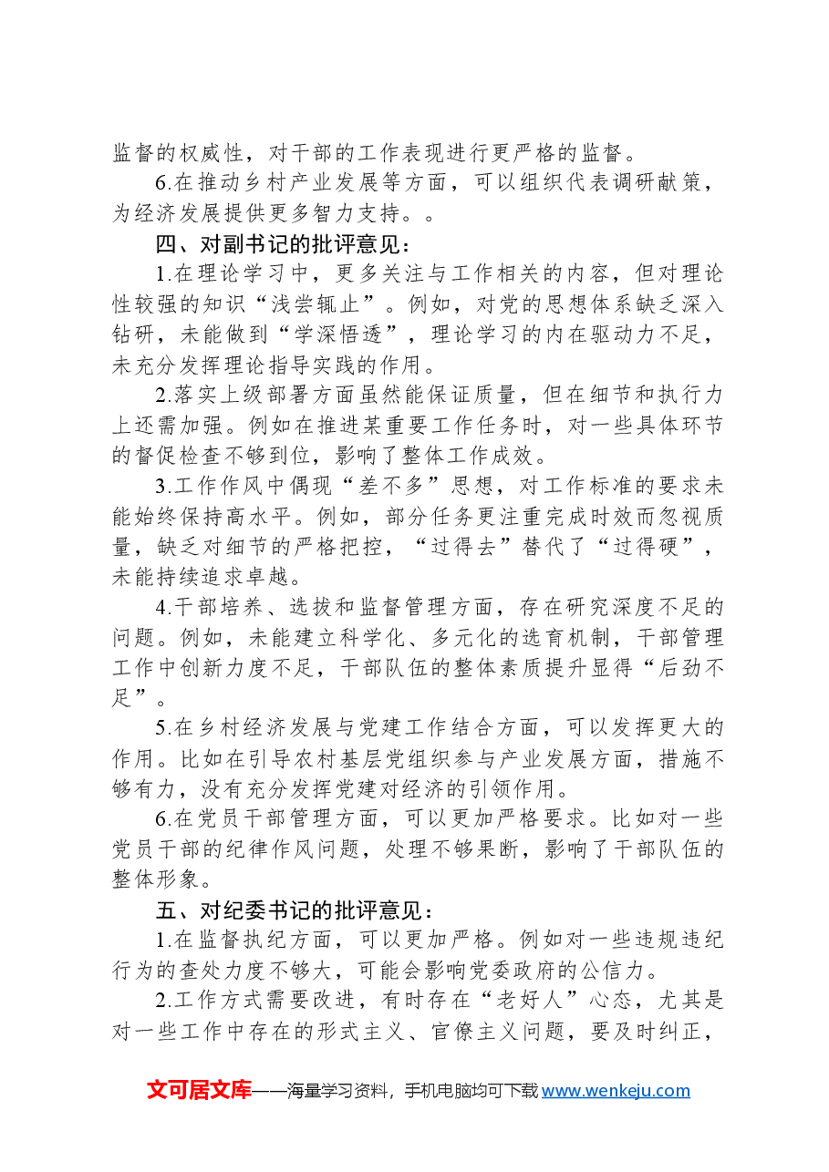 2024年度乡镇领导班子成员组织生活会、民主生活会相互批评意见.docx,第3页预览