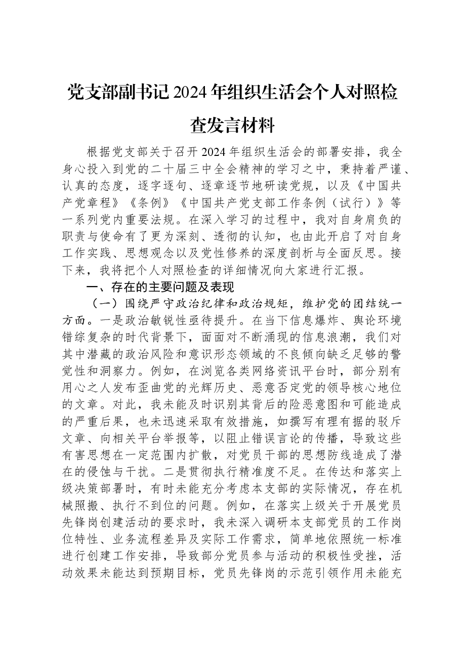 党支部副书记2024年组织生活会个人对照检查发言材料.docx,第1页预览