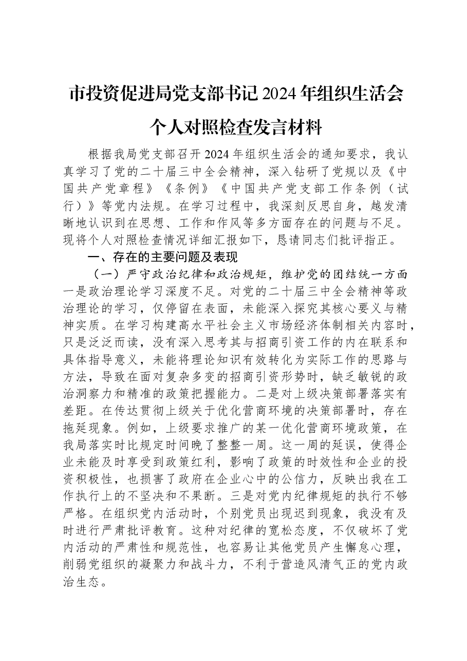 市投资促进局党支部书记2024年组织生活会个人对照检查发言材料.docx,第1页预览