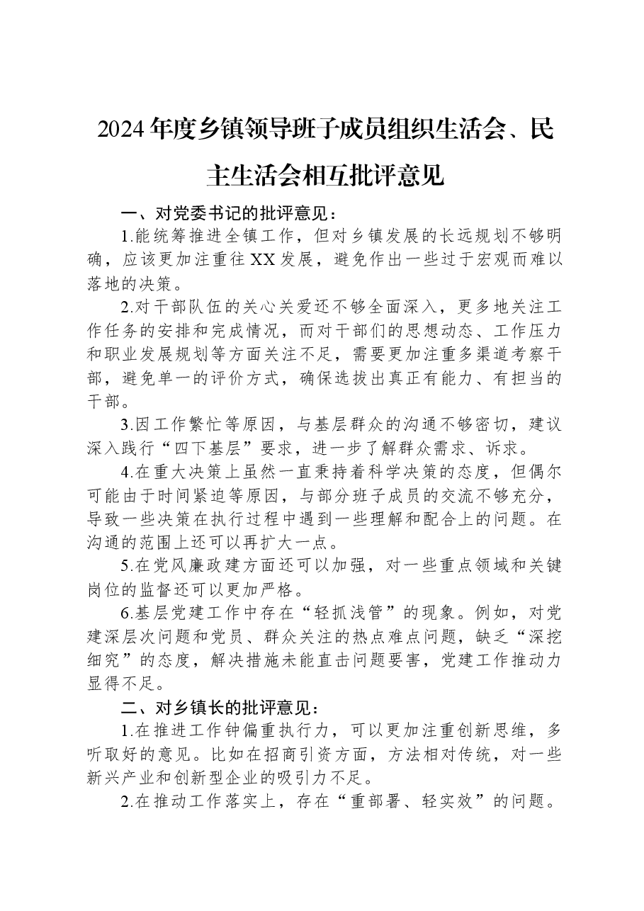 2024年度乡镇领导班子成员组织生活会、民主生活会相互批评意见.docx,第1页预览