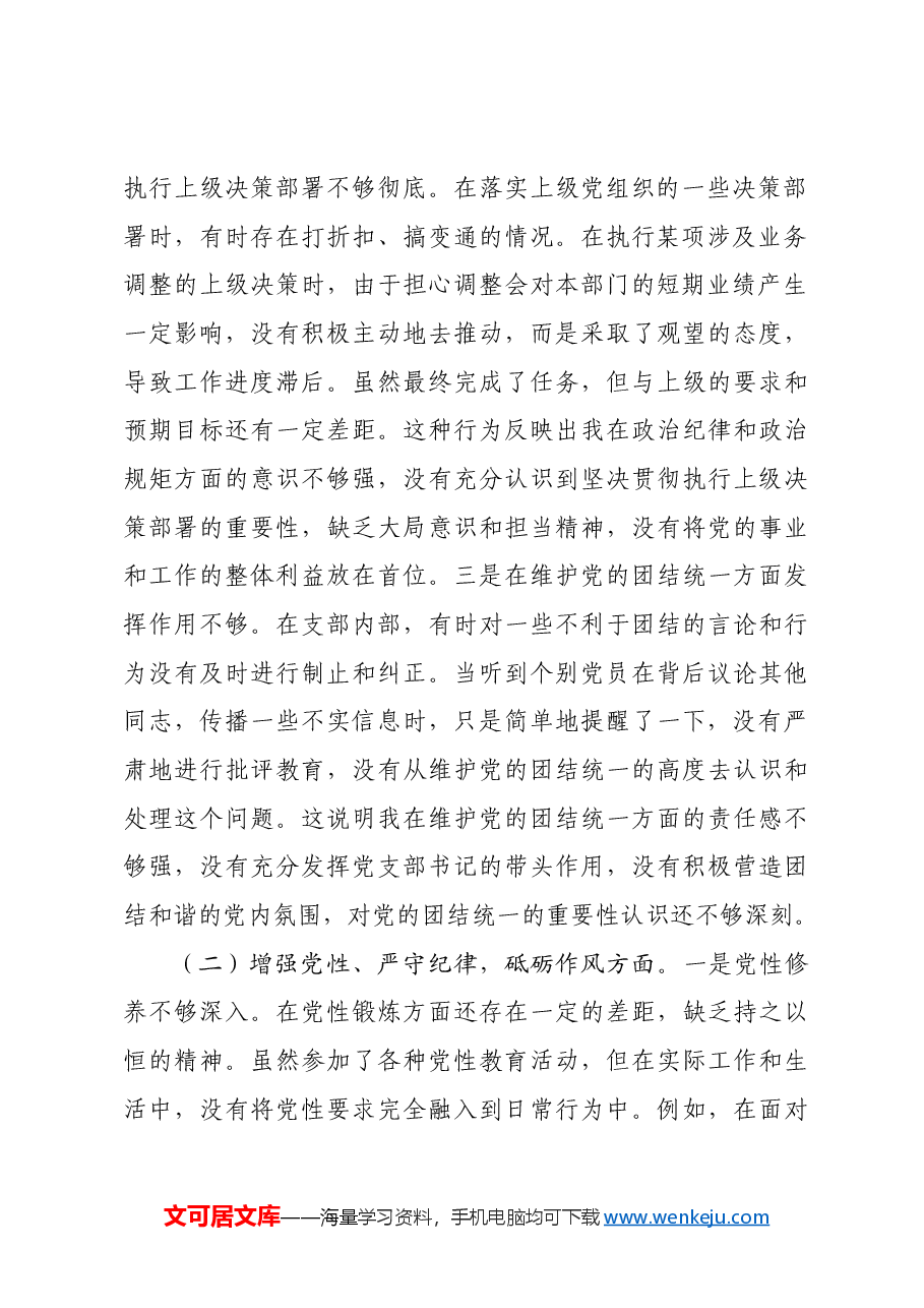 党支部书记2024年组织生活会个人对照检查发言材料四个带头.docx,第2页预览