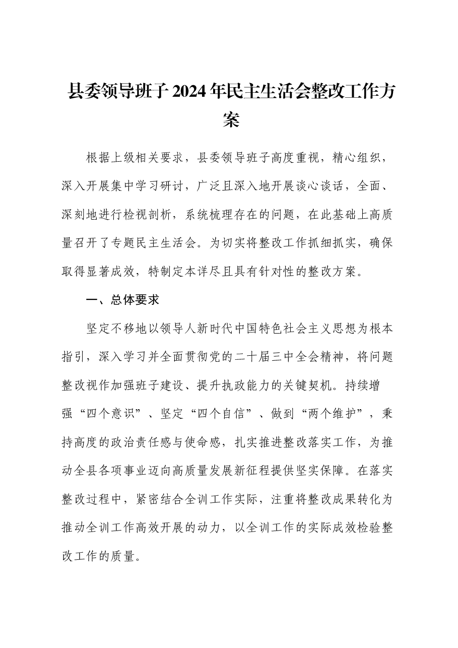 县委领导班子2024年民主生活会整改工作方案.docx，第1页预览