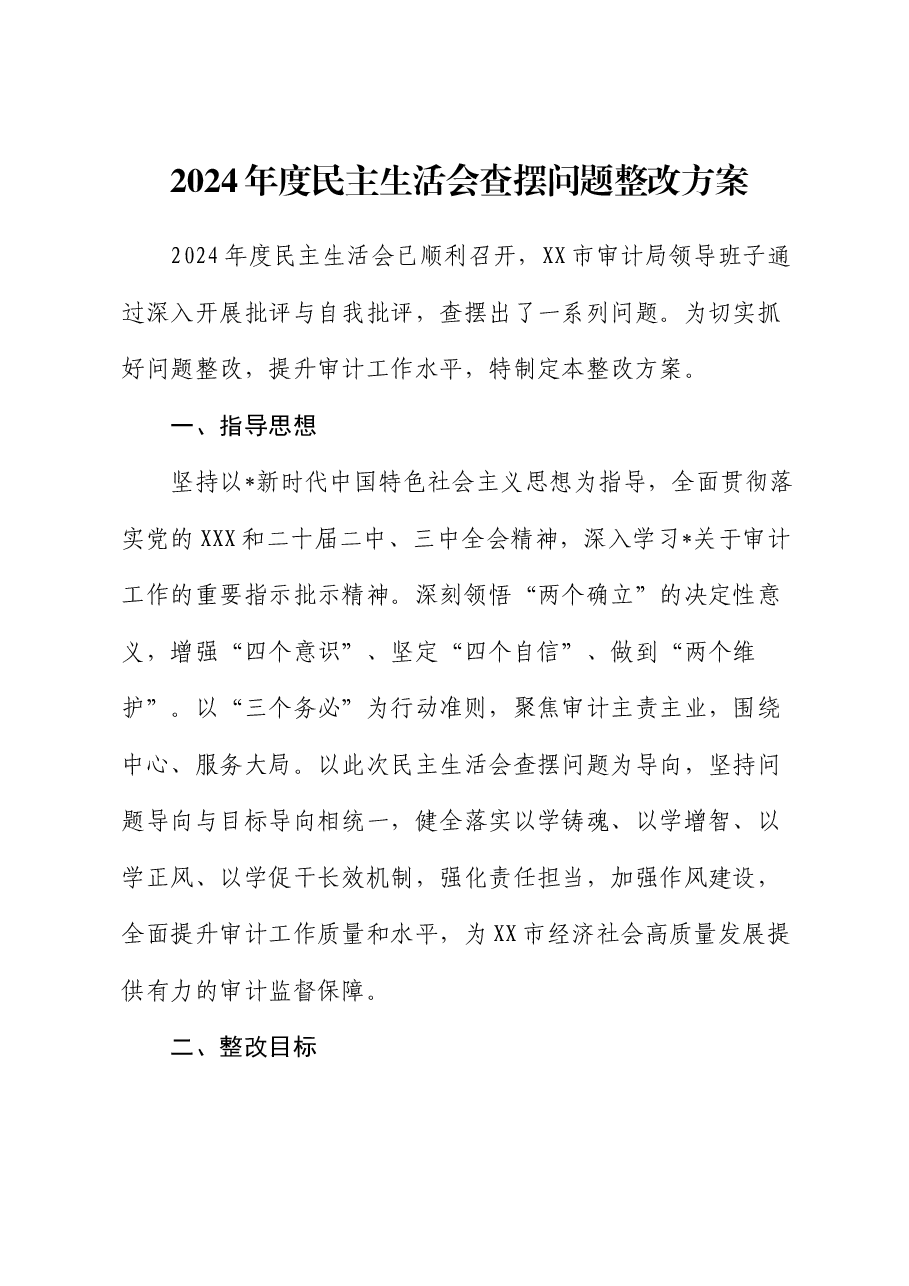 2024年度民主生活会查摆问题整改方案(审计).docx,第1页预览