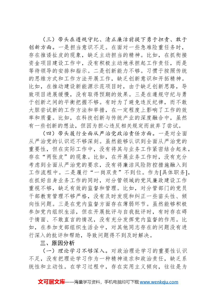 市直单位党员干部2024年度组织生活会对照检查材料(四个带头+上年度查摆问题整改落实情况).docx,第3页预览