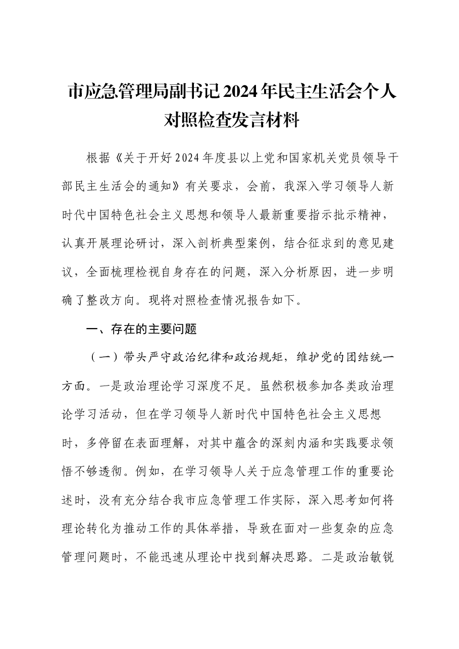 市应急管理局副书记2024年民主生活会个人对照检查发言材料.docx,第1页预览
