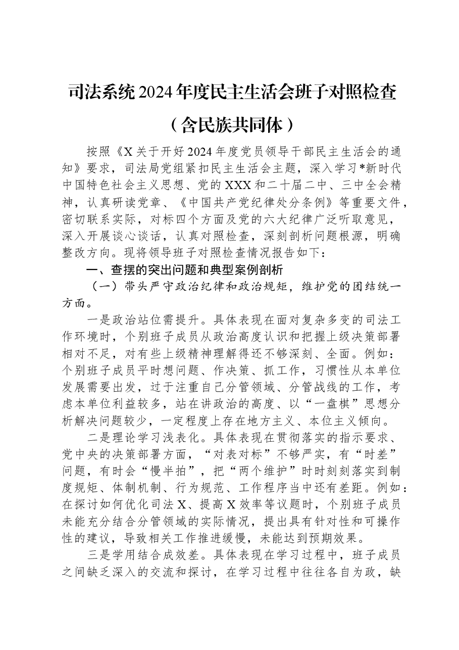 司法系统2024年度民主生活会班子对照检查(含民族共同体).docx,第1页预览