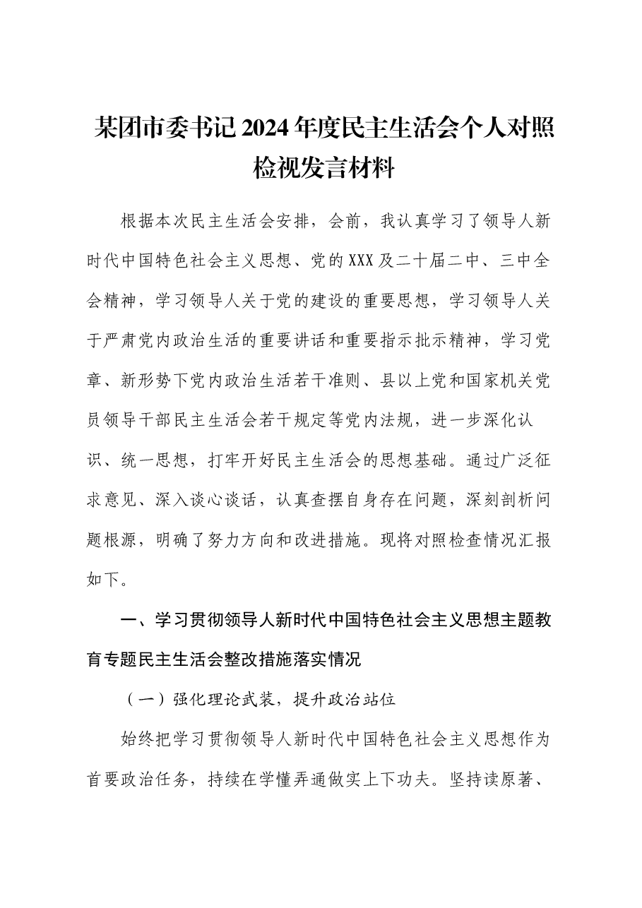 某团市委书记2024年度民主生活会个人对照检视发言材料.docx,第1页预览