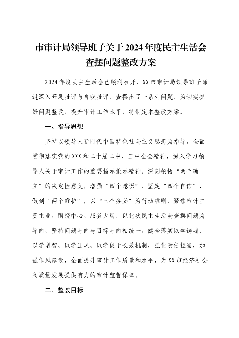 市审计局领导班子关于2024年度民主生活会查摆问题整改方案.docx,第1页预览