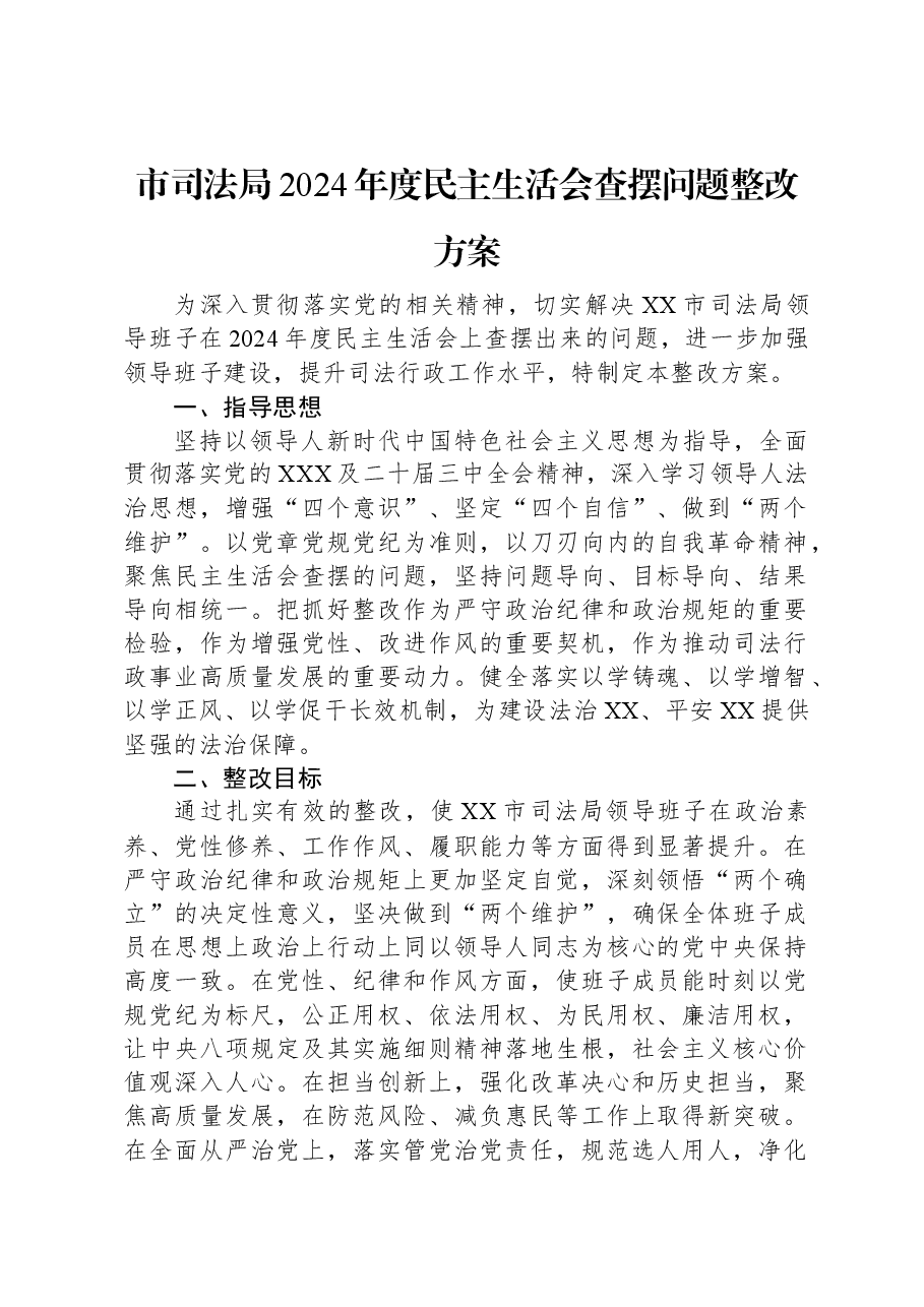 市司法局2024年度民主生活会查摆问题整改方案.docx,第1页预览