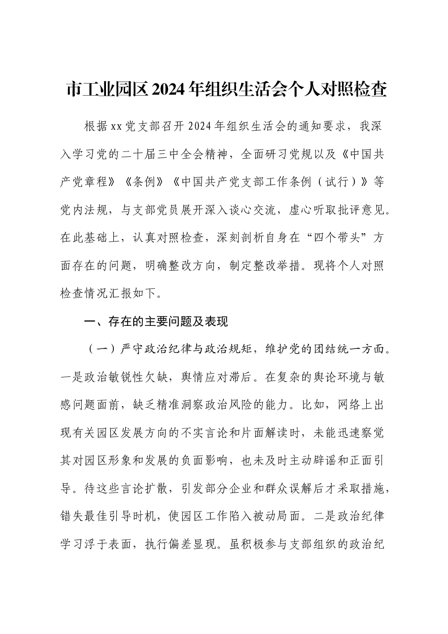 市工业园区2024年组织生活会个人对照检查.docx,第1页预览