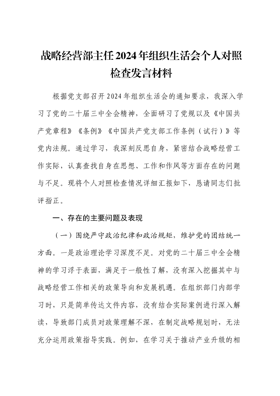 战略经营部主任2024年组织生活会个人对照检查发言材料.docx,第1页预览