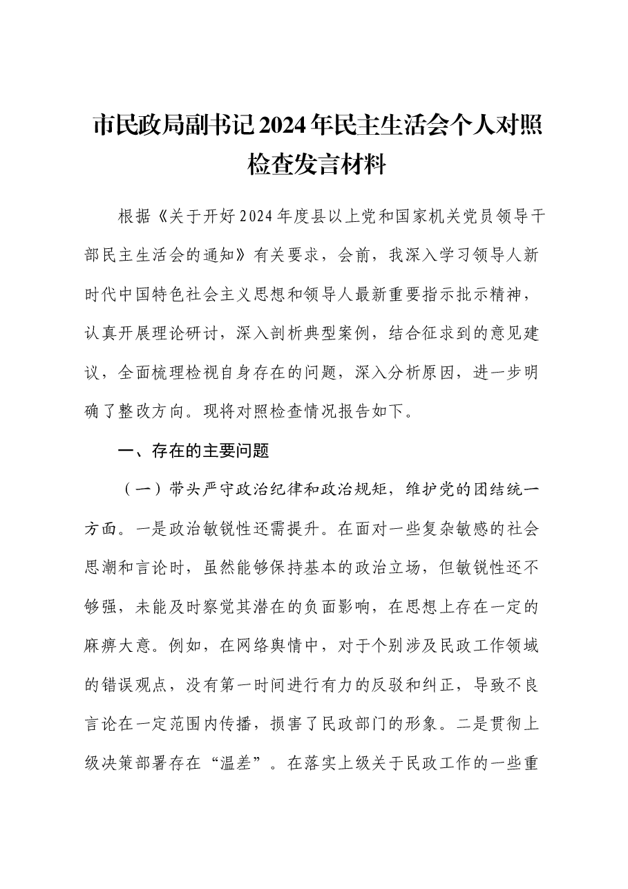 市民政局副书记2024年民主生活会个人对照检查发言材料.docx,第1页预览