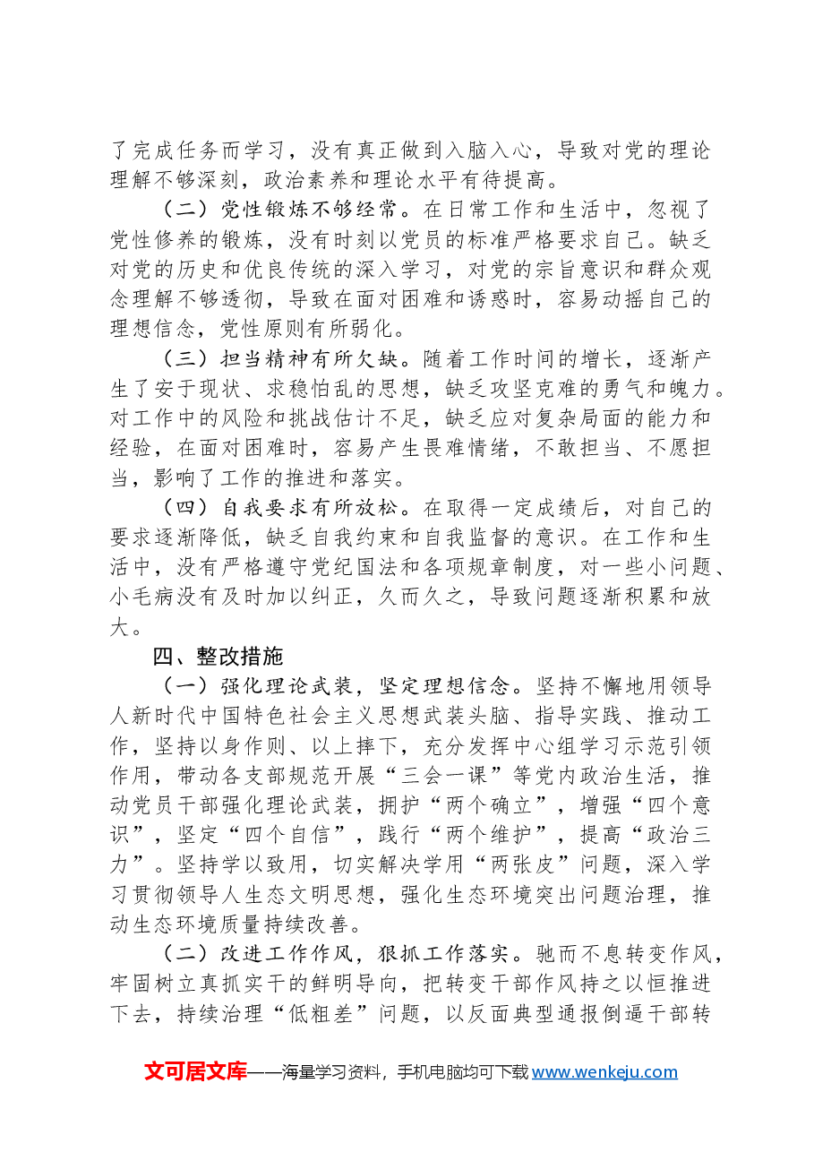 市直单位党员干部2024年度组织生活会对照检查材料(四个带头+上年度查摆问题整改落实情况).docx,第4页预览