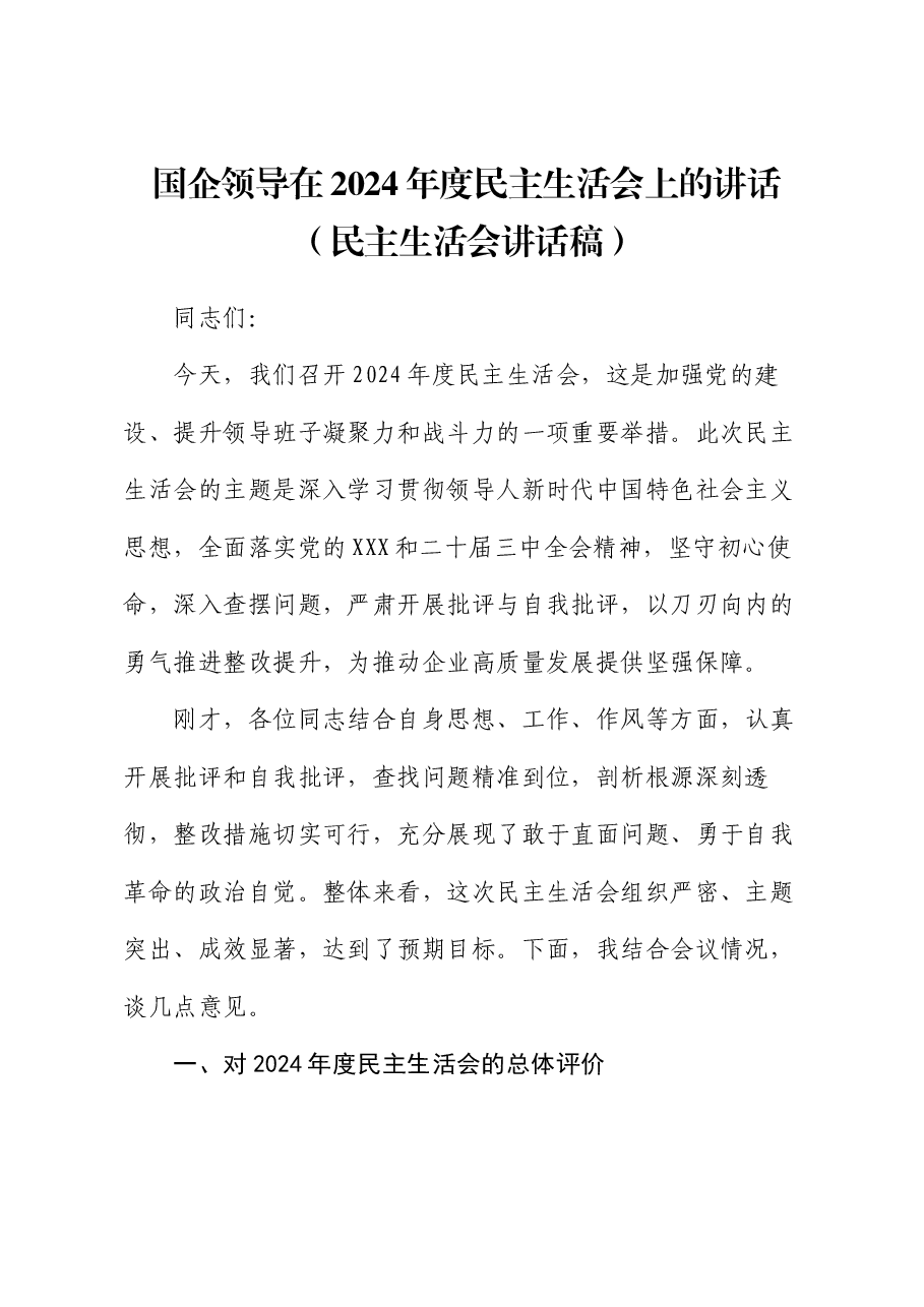 国企领导在2024年度民主生活会上的讲话（民主生活会讲话稿）.docx，第1页预览