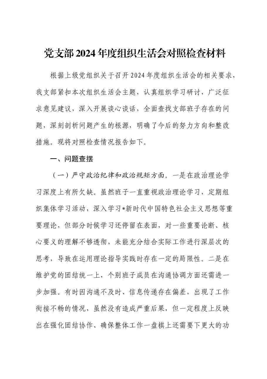 党支部2024年度组织生活会对照检查3300字（新疆，含民族共同体）.docx，第1页预览