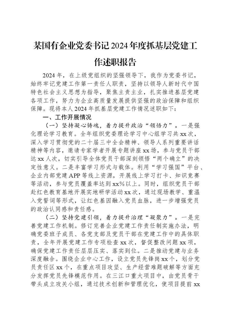 某国有企业党委书记2024年度抓基层党建工作述职报告.docx,第1页预览