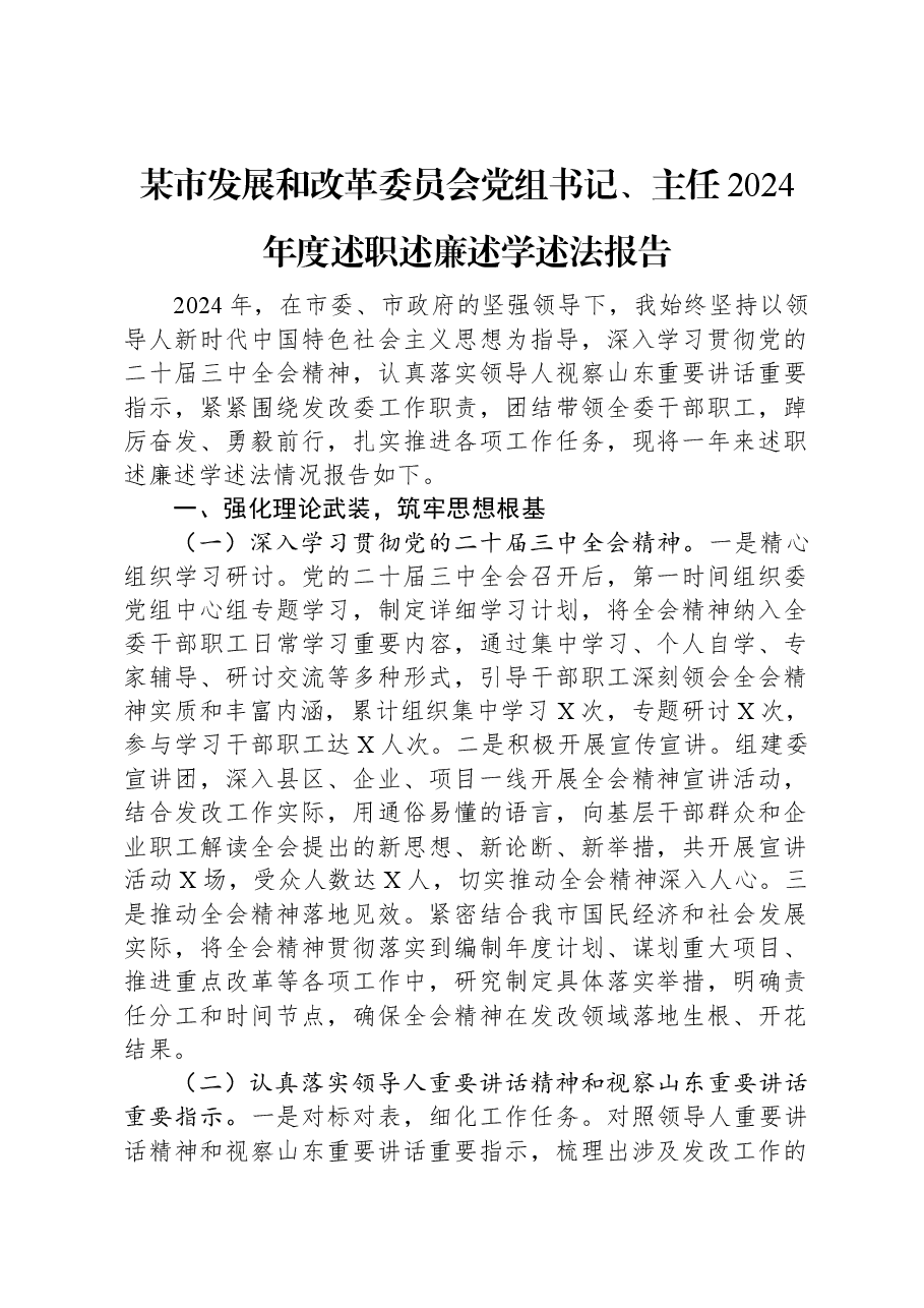 某市发展和改革委员会党组书记、主任2024年度述职述廉述学述法报告.docx，第1页预览