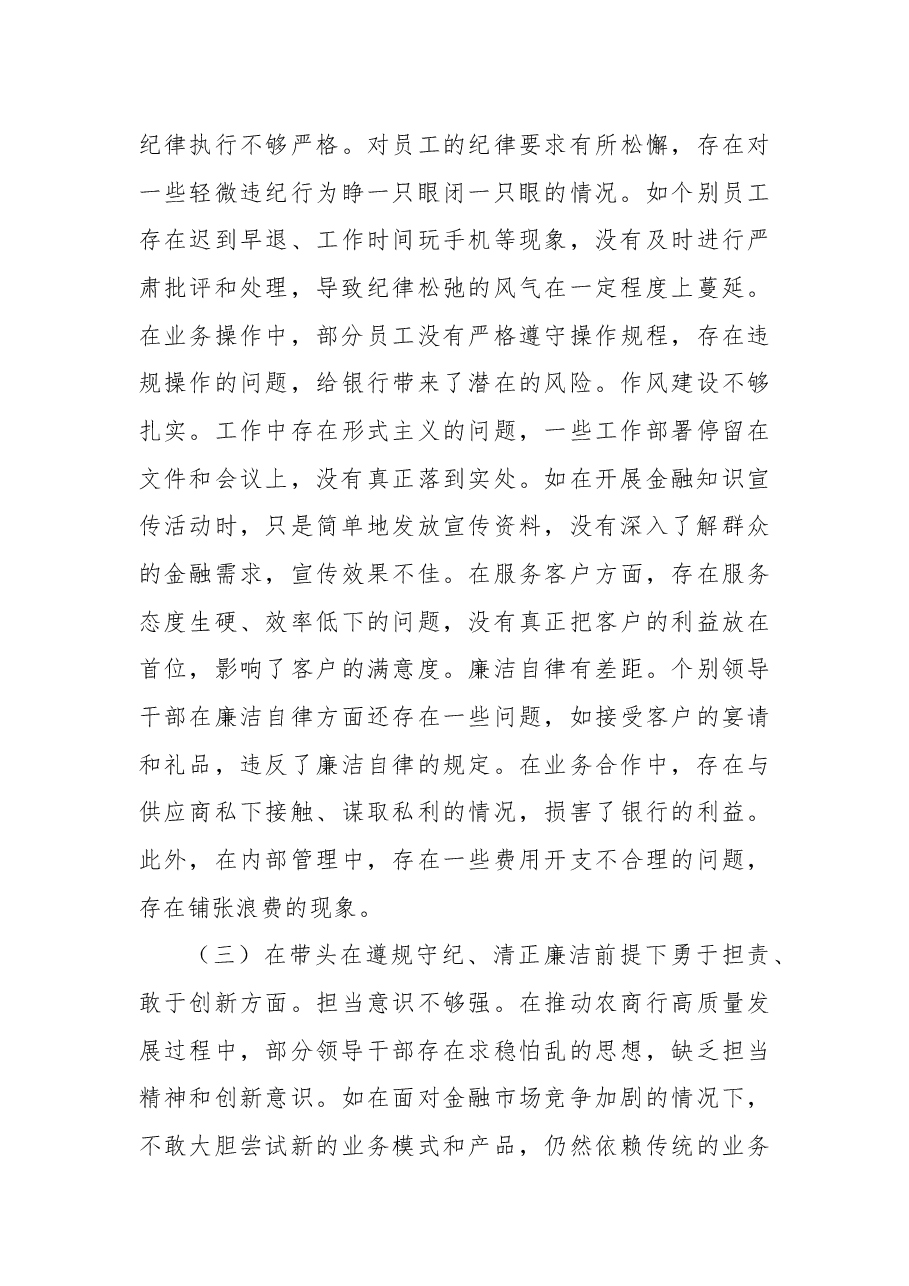 农商银行2024年度民主生活会领导班子对照检视发言材料.docx,第3页预览