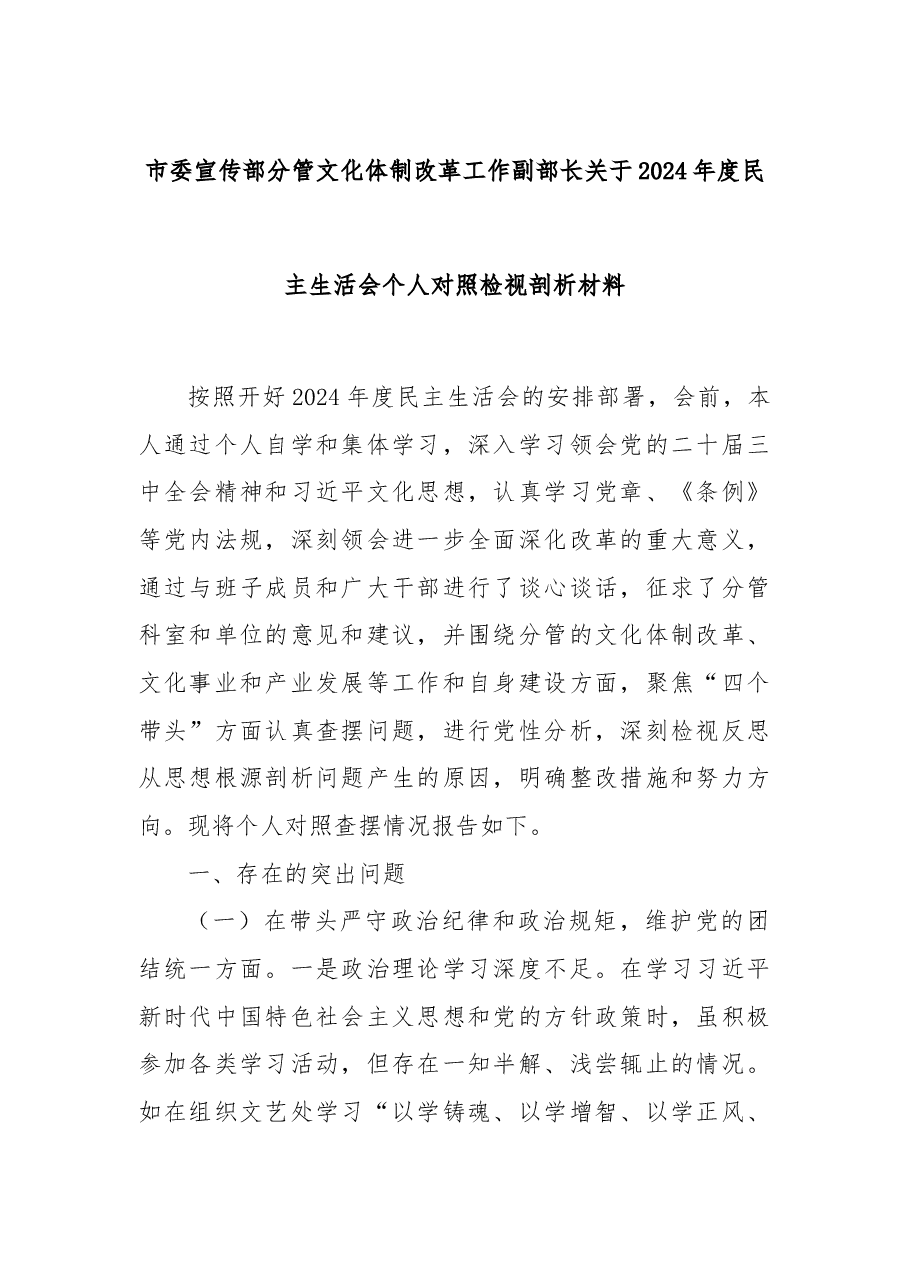市委宣传部分管文化体制改革工作副部长关于2024年度民主生活会个人对照检视剖析材料.docx,第1页预览