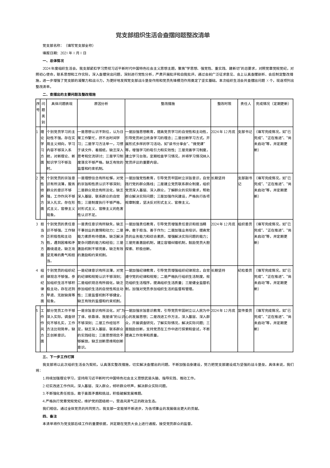 党支部组织生活会查摆问题整改清单.docx,第1页预览
