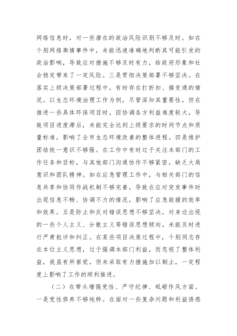 常务副市长关于2024年度民主生活会“四个带头”对照检视发言材料.docx,第2页预览