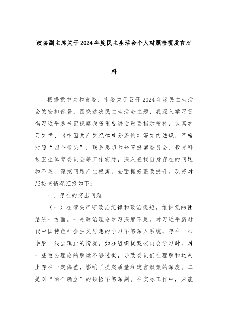 政协副主席关于2024年度民主生活会个人对照检视发言材料.docx,第1页预览