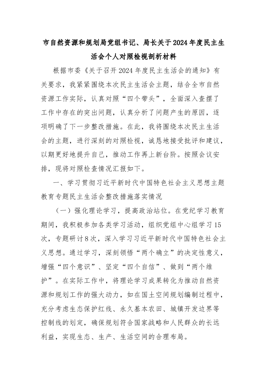 市自然资源和规划局党组书记、局长关于2024年度民主生活会个人对照检视剖析材料.docx,第1页预览