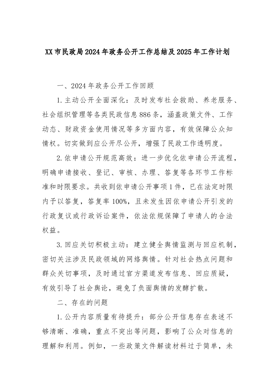 XX市民政局2024年政务公开工作总结及2025年工作计划.docx,第1页预览