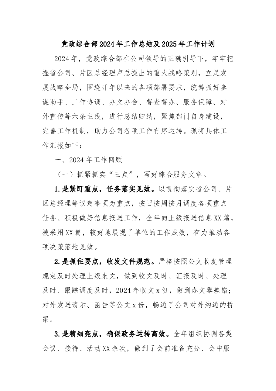 党政综合部2024年工作总结及2025年工作计划.docx,第1页预览