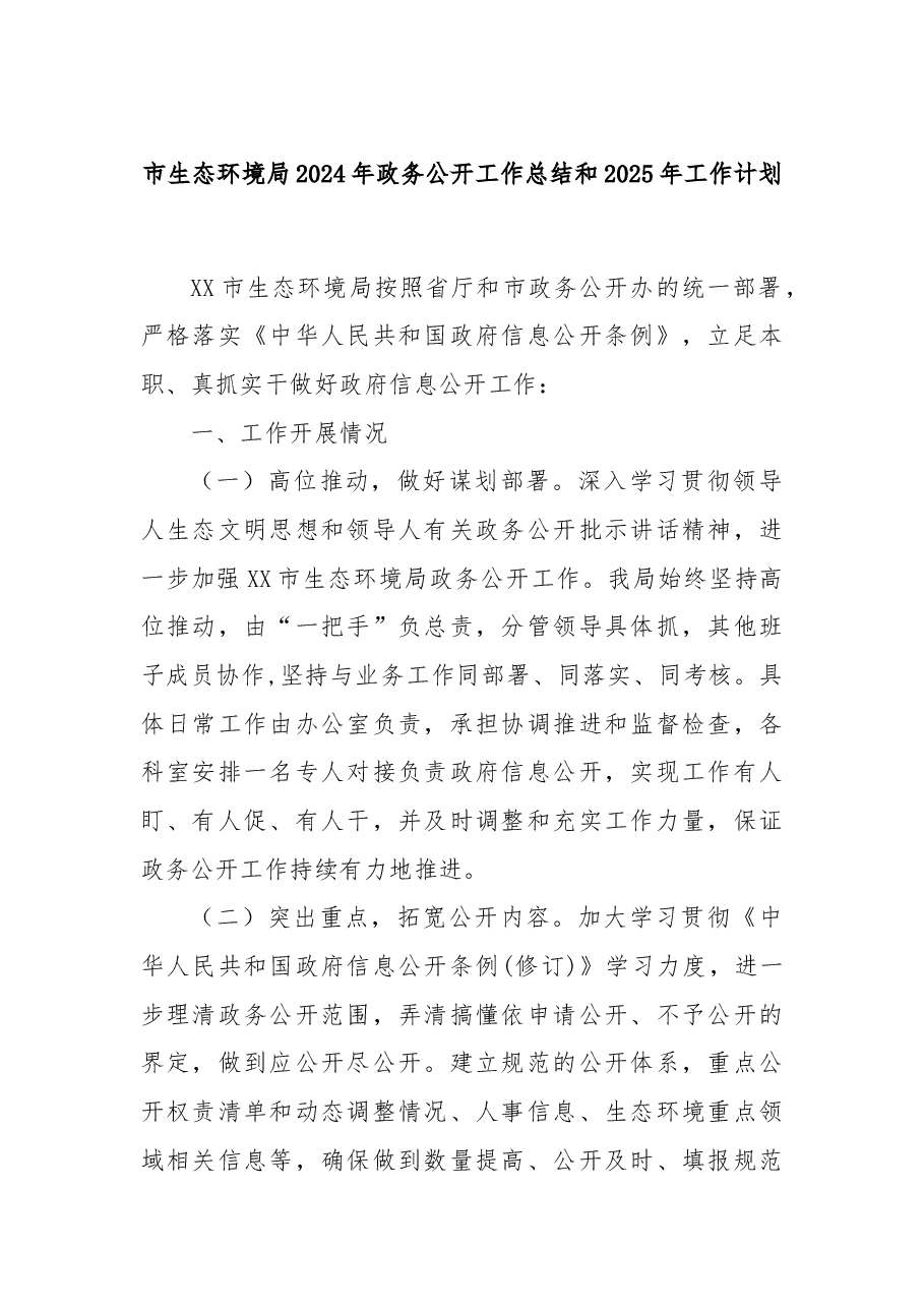 市生态环境局2024年政务公开工作总结和2025年工作计划.docx,第1页预览