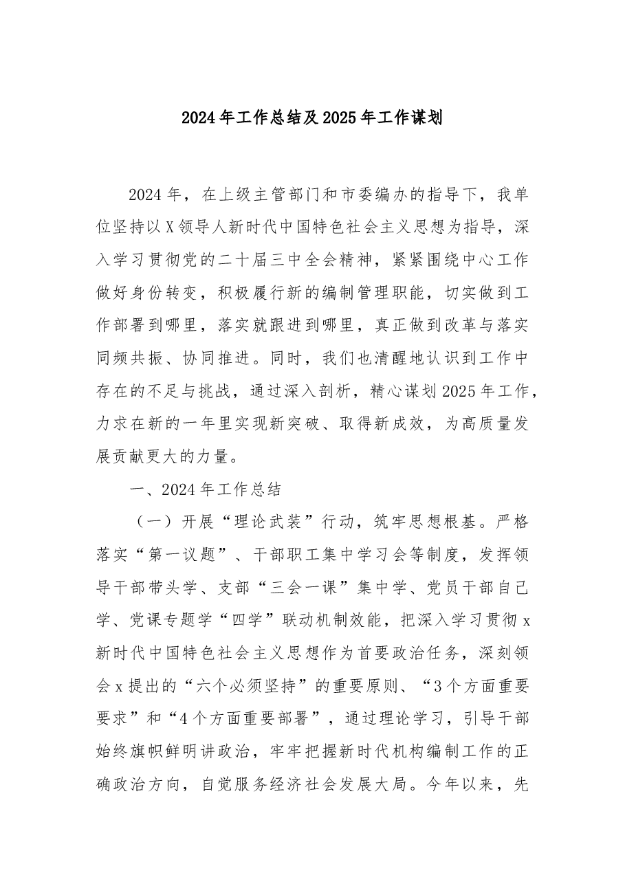 2024年工作总结及2025年工作谋划.docx,第1页预览