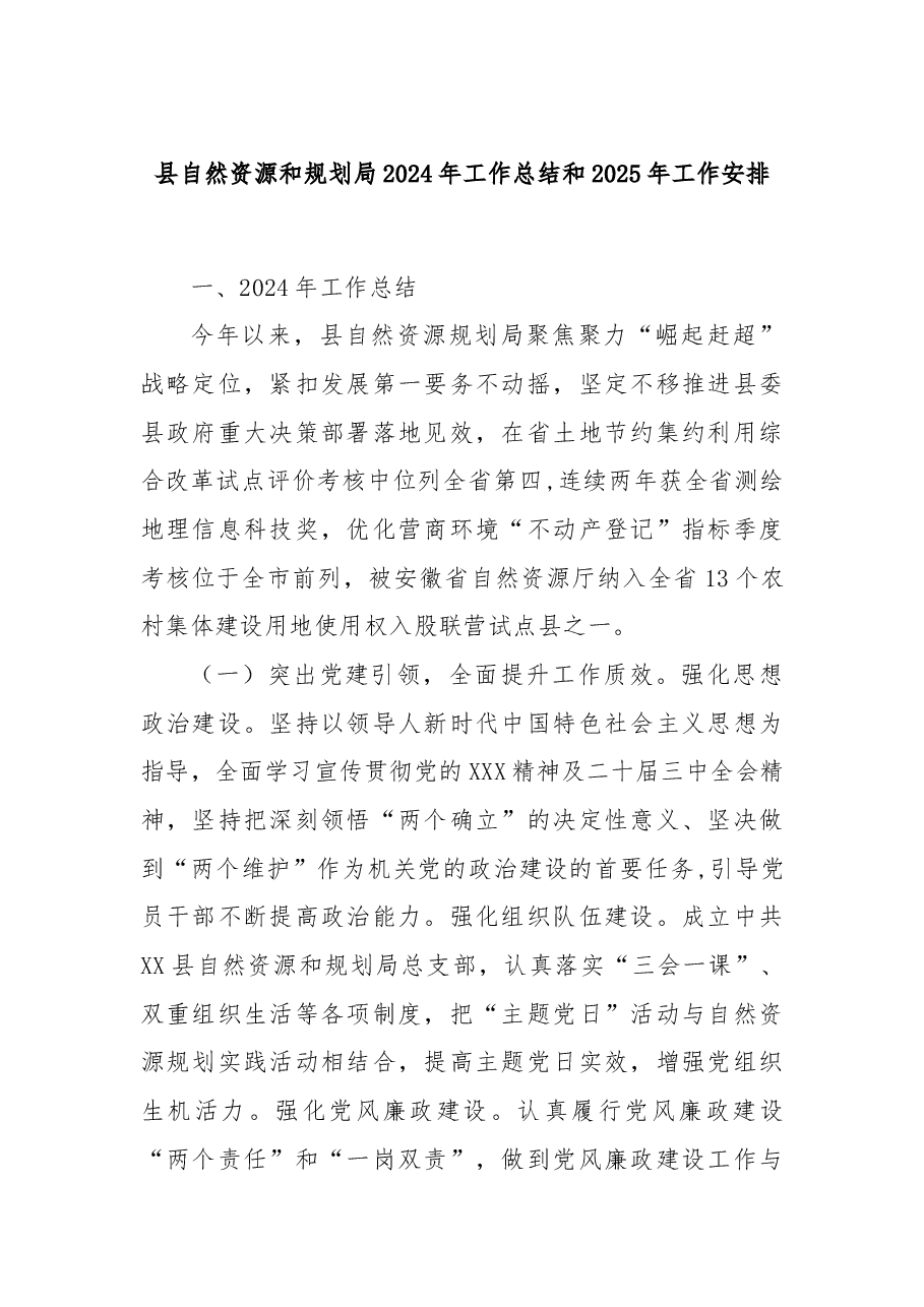 县自然资源和规划局2024年工作总结和2025年工作安排.docx,第1页预览