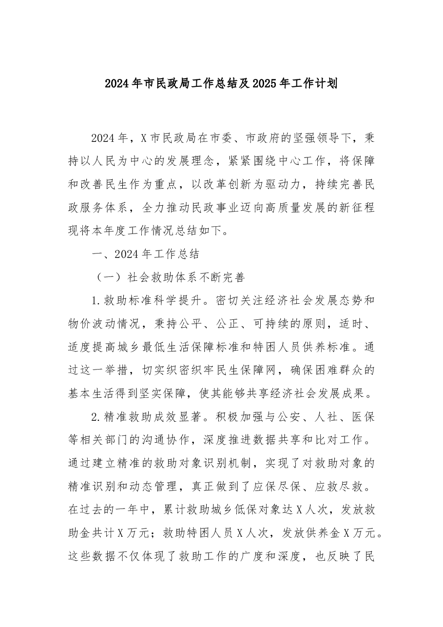 2024年市民政局工作总结及2025年工作计划.docx,第1页预览