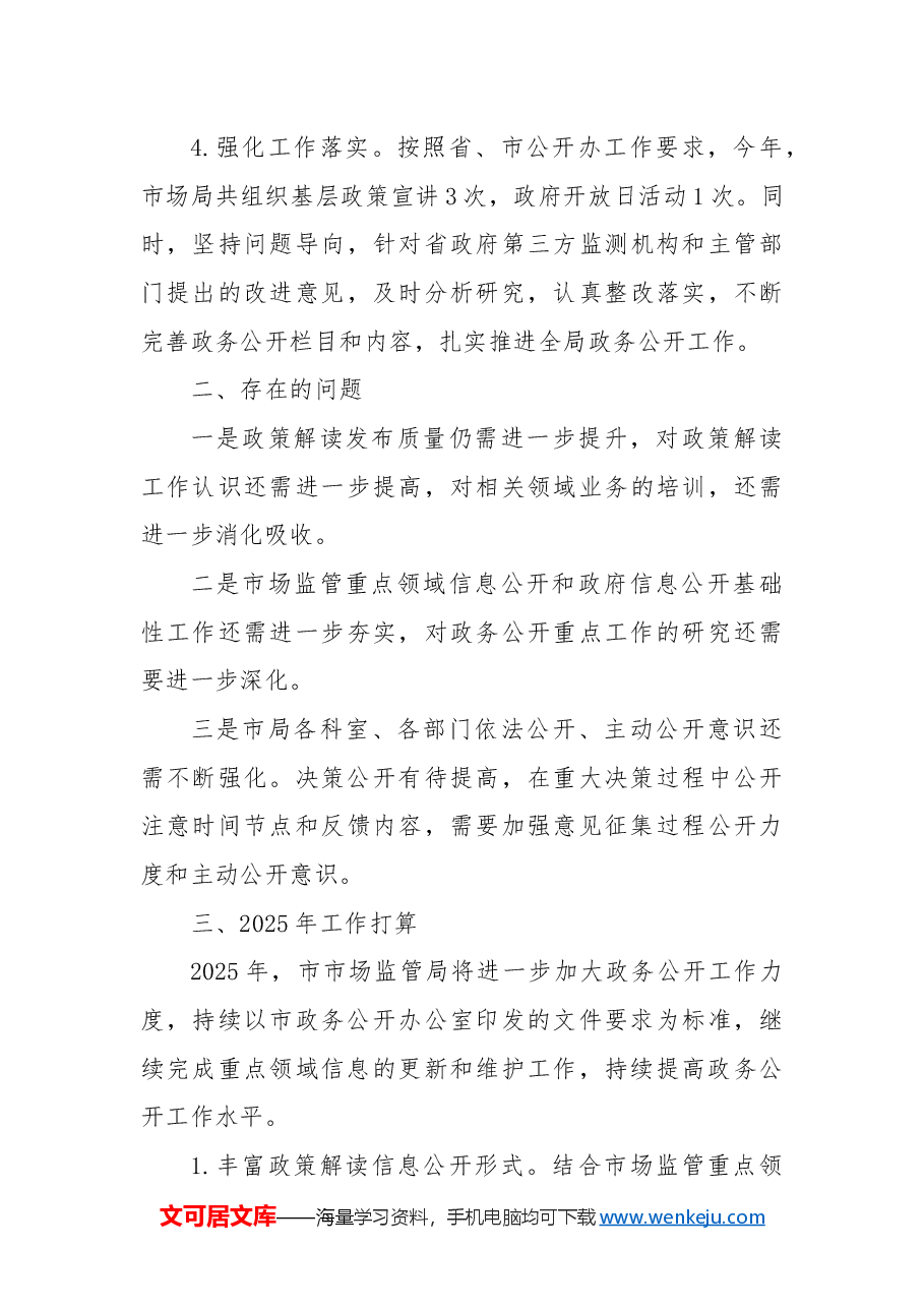 XX市市场监管局2024年政务公开工作总结及2025年工作计划.docx,第3页预览
