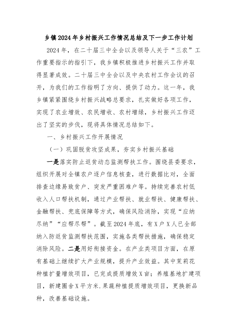 乡镇2024年乡村振兴工作情况总结及下一步工作计划.docx，第1页预览