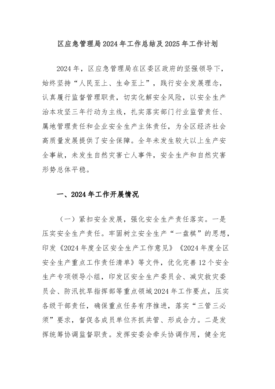 区应急管理局2024年工作总结及2025年工作计划.docx,第1页预览